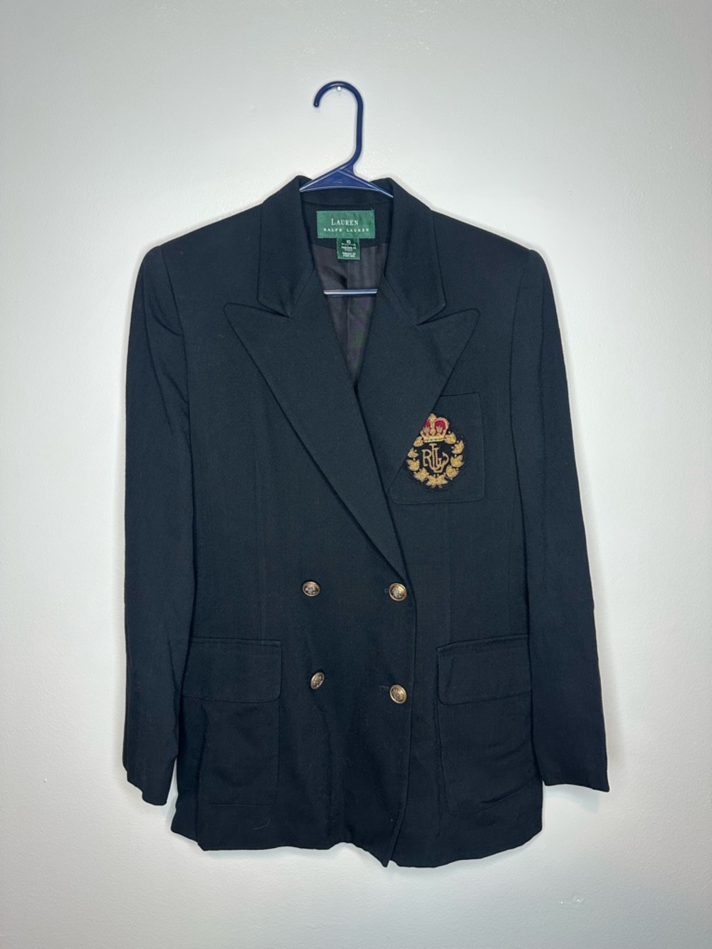 Lauren Ralph Lauren VTG Navy Mid Length Blazer Gold Crest Buttons Women’s 10P